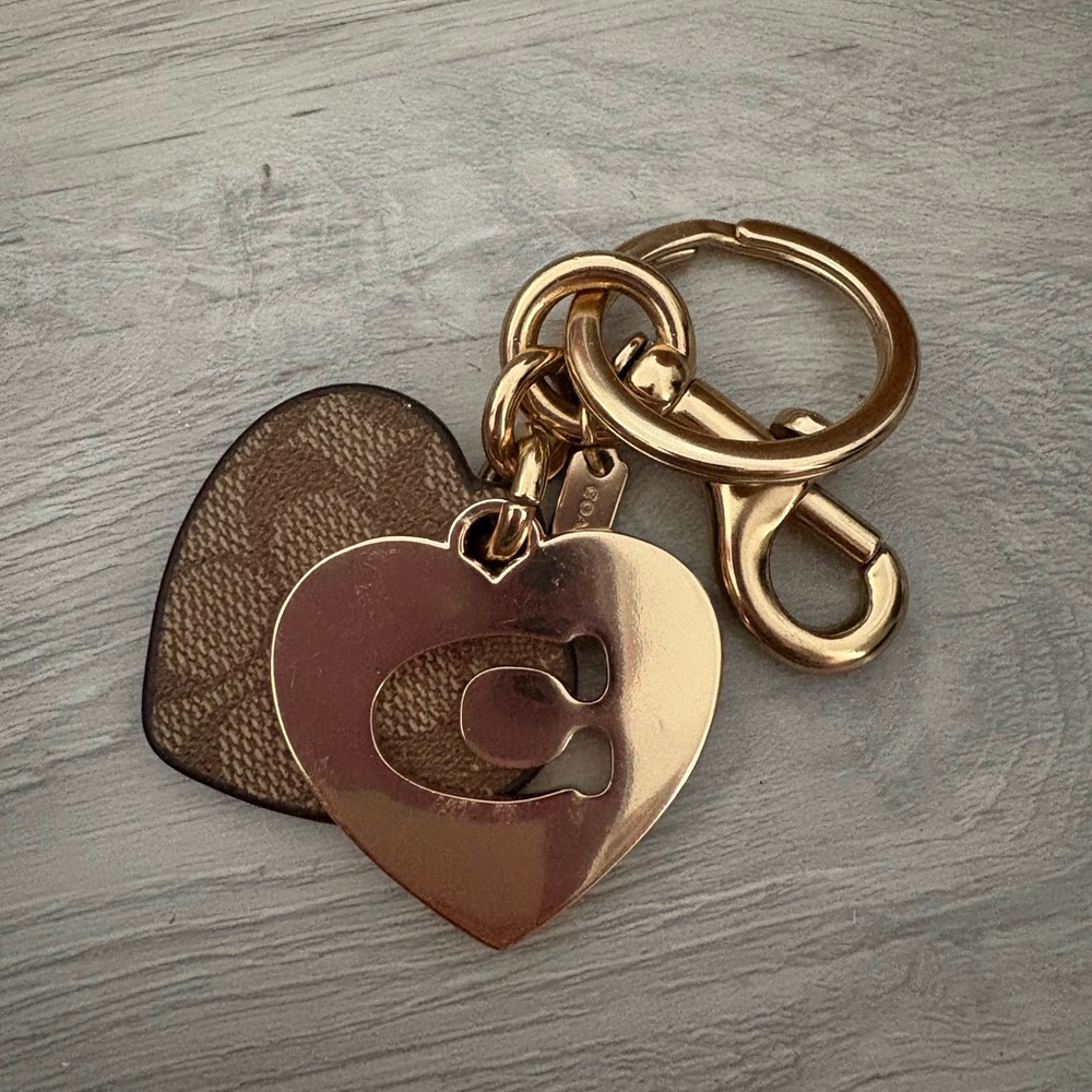 Coach Gold Heart Keychain with Brown Accent